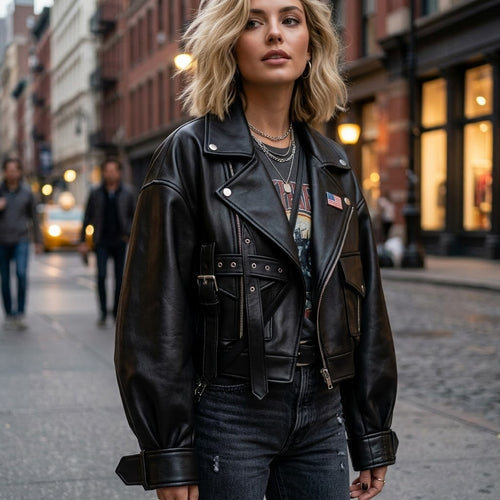 Oversized black leather biker jacket, additional view