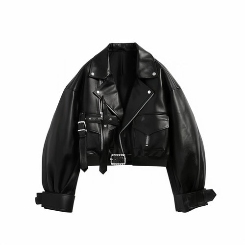 Oversized black leather biker jacket